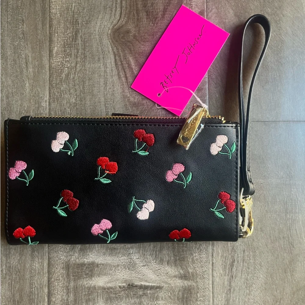 Betsey Johnson Black Cherry Embroidered Wristlet Wallet